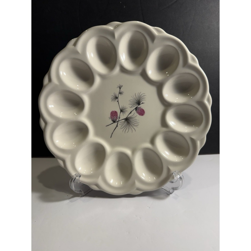 Canonsburg Pottery Deviled Egg Plate Vintage Pink Floral 11" USA